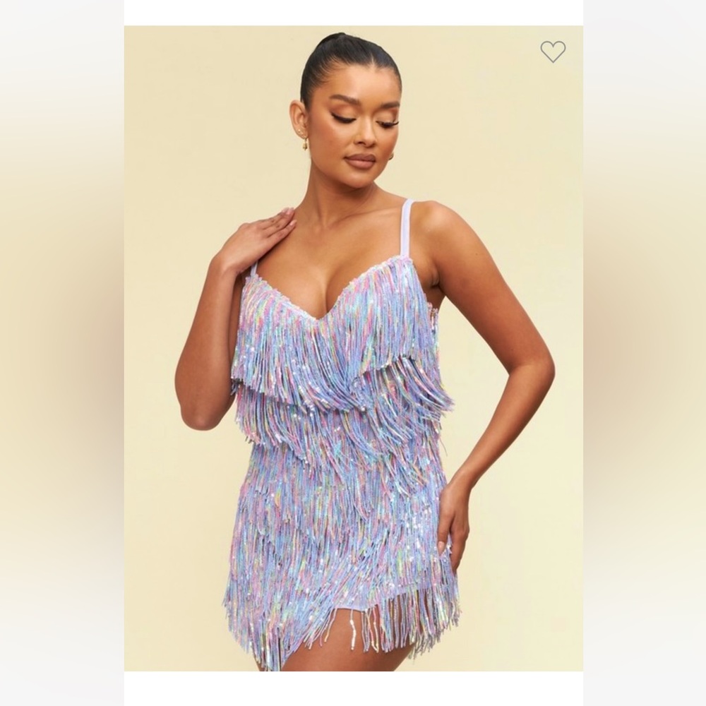 New! Lavender Muti Translucent Sequin Fringe Flappers Style Concert Dress, Large